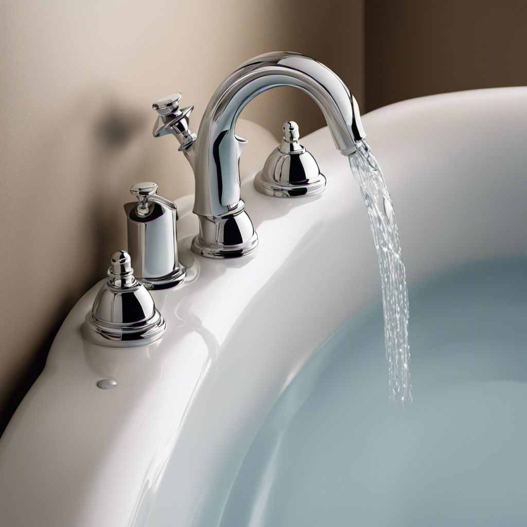 An image featuring a close-up view of a bathtub faucet, clearly displaying droplets of water forming at the base