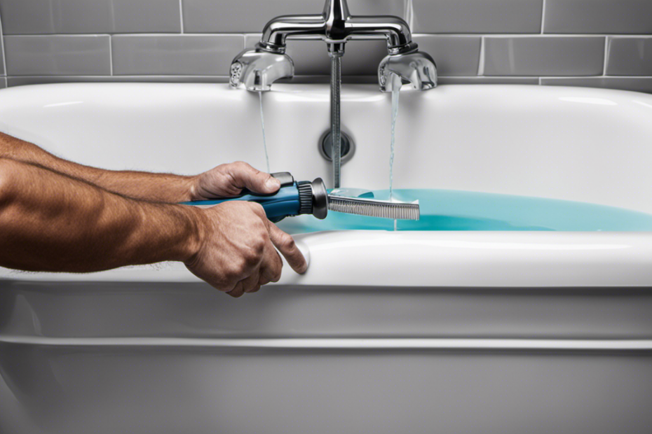 An image showcasing a close-up view of a plumber's hands skillfully applying waterproof sealant around the edges of a bathtub, demonstrating step-by-step instructions to stop a bathtub leak