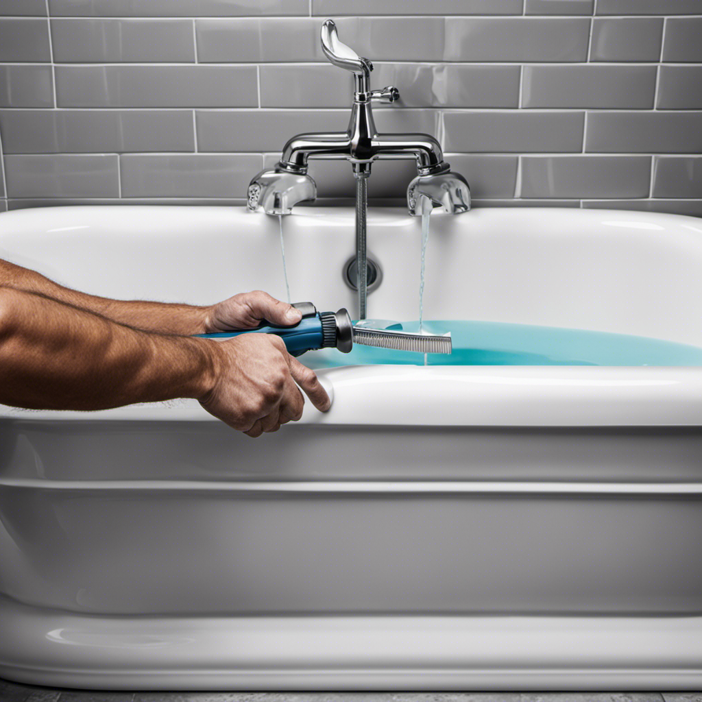 An image showcasing a close-up view of a plumber's hands skillfully applying waterproof sealant around the edges of a bathtub, demonstrating step-by-step instructions to stop a bathtub leak