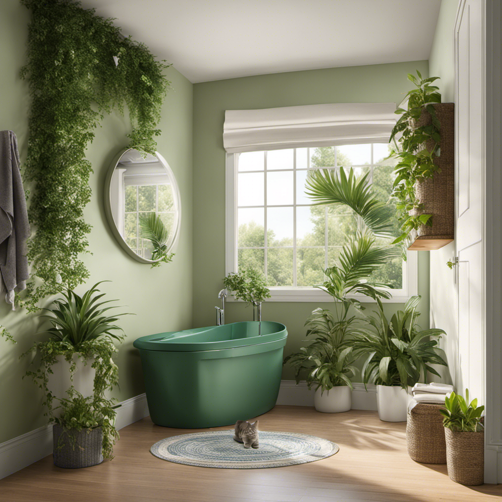 An image capturing a serene bathroom scene with a strategically placed litter box in a corner, surrounded by calming green plants, while a content cat confidently uses the litter box