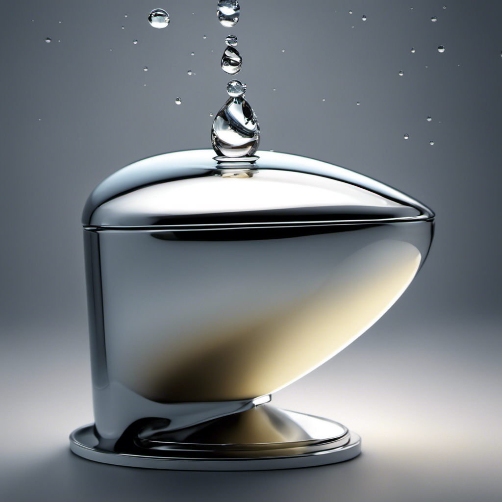 An image that showcases a close-up view of a toilet tank with a water droplet suspended in mid-air, frozen in time