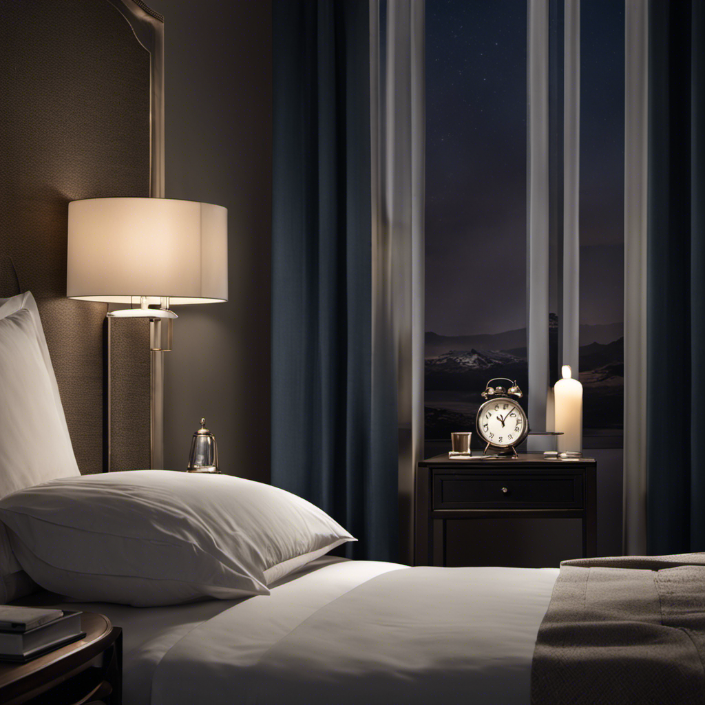 An image depicting a serene bedroom with a dimly lit nightstand holding a glass of water, an alarm clock set to an early morning time, and blackout curtains, symbolizing strategies to prevent nighttime trips to the bathroom
