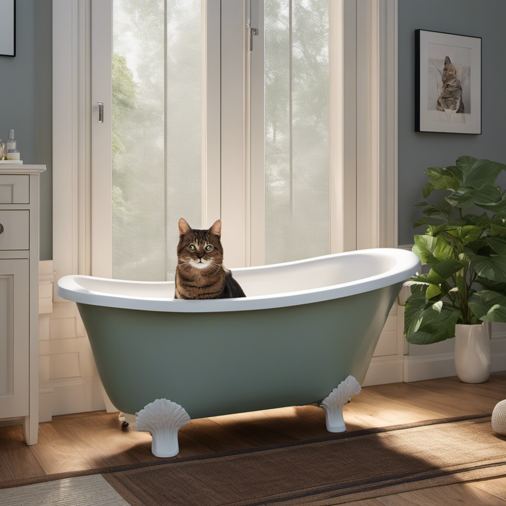 An image capturing a serene bathroom scene with a clean bathtub, adorned with a mesh screen, a cozy litter box tucked away in a corner, and a content cat confidently using it