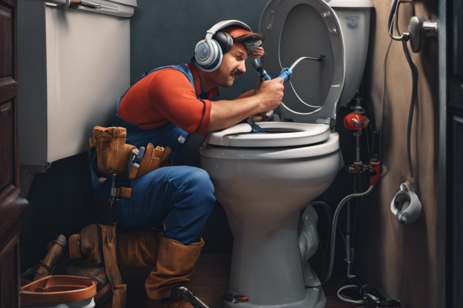 An image showcasing a plumber wearing headphones, tightening a pipe with a wrench while standing next to a toilet