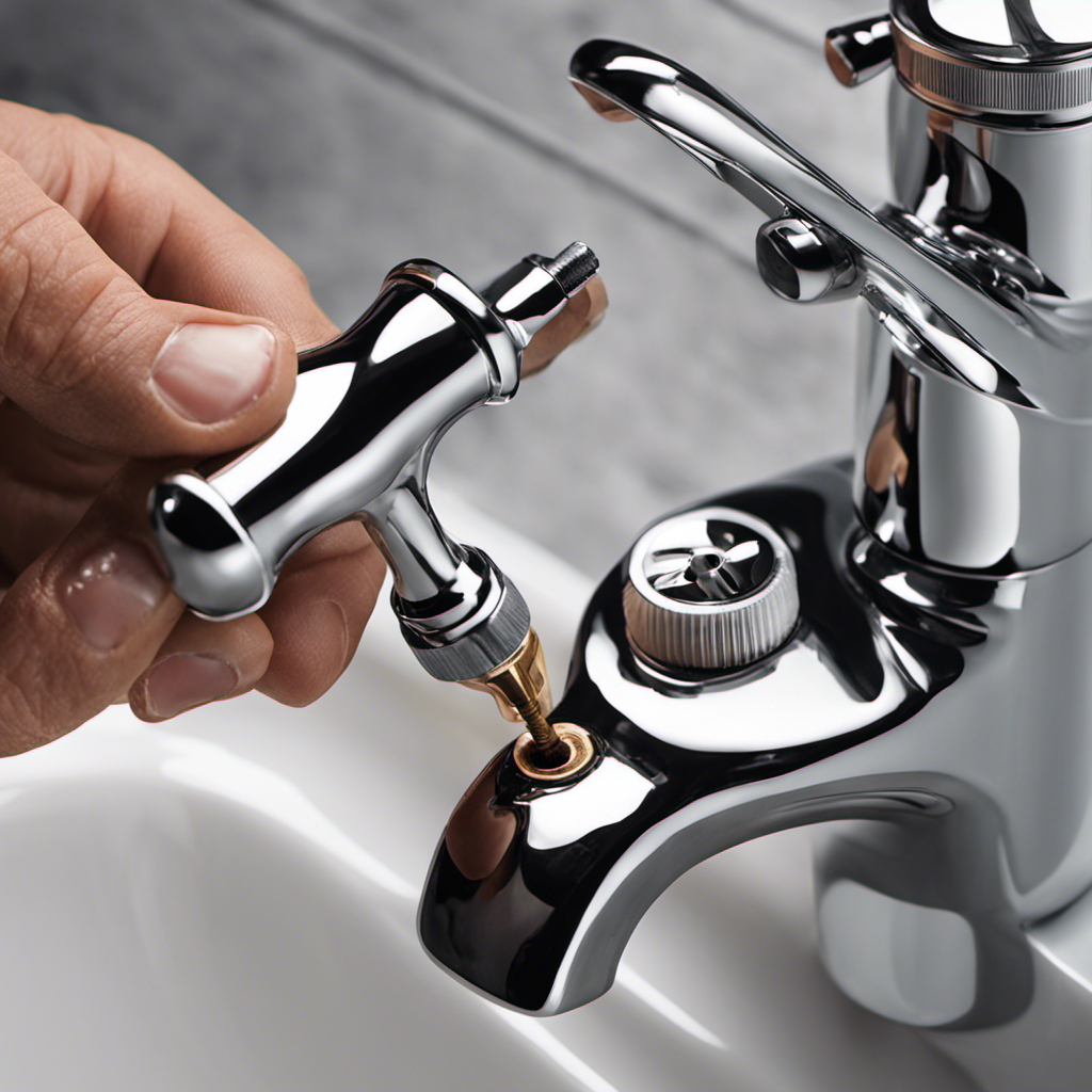 An image showcasing a close-up of a hand tightening a wrench around the base of a bathtub faucet, showing the process of fixing a drip