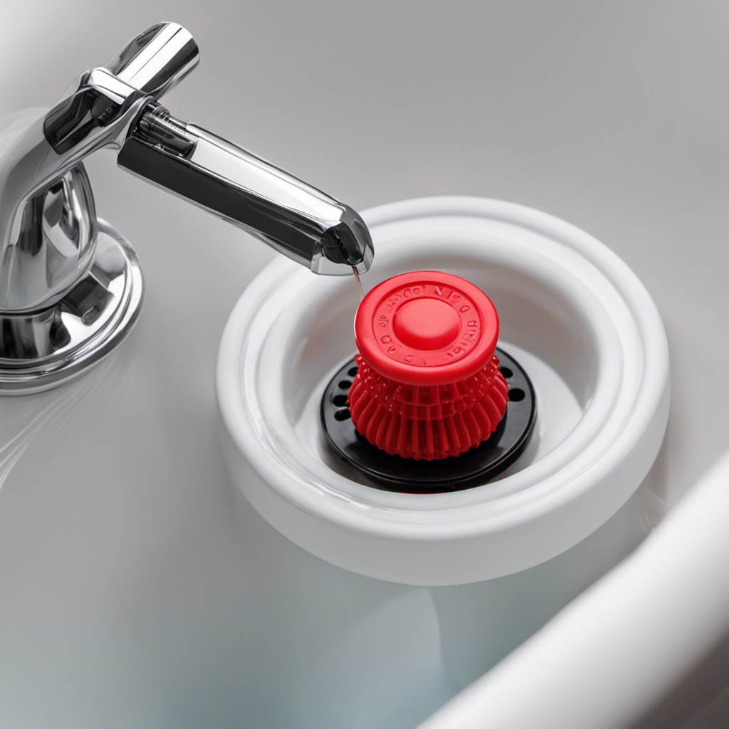 An image showing a vibrant rubber stopper tightly sealing the bathtub drain, with water cascading over its edges