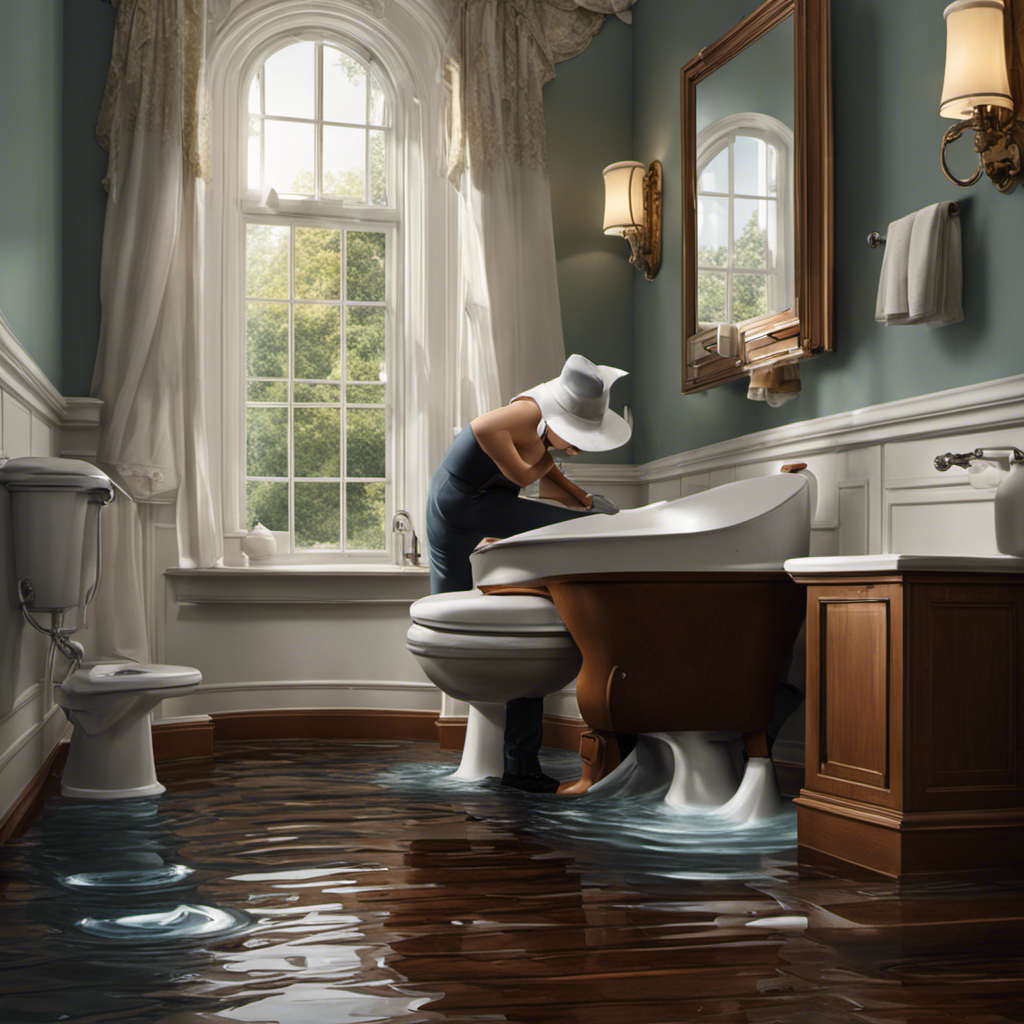 An image that depicts a person using a plunger to unclog a toilet, surrounded by water on the bathroom floor, with a clear view of the overflowing toilet bowl and water spilling out