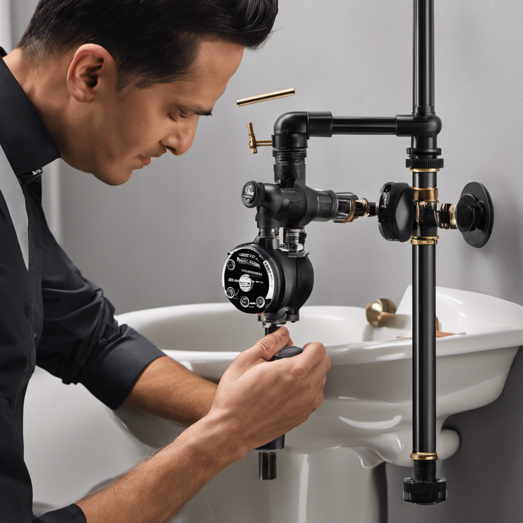 An image depicting a person inspecting the toilet's flapper valve, water level adjustment, and fill valve assembly