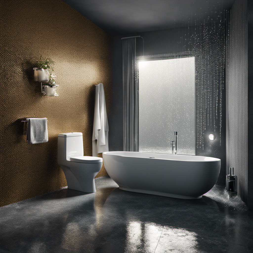 An image of a bathroom with a gleaming toilet, surrounded by droplets of condensation