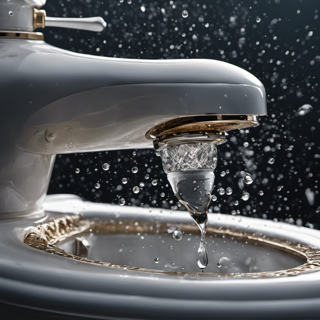 An image depicting a hand turning the water valve clockwise, accompanied by droplets frozen mid-air, showcasing the intricate inner mechanisms of a toilet tank, and highlighting the step-by-step process to stop the toilet from running