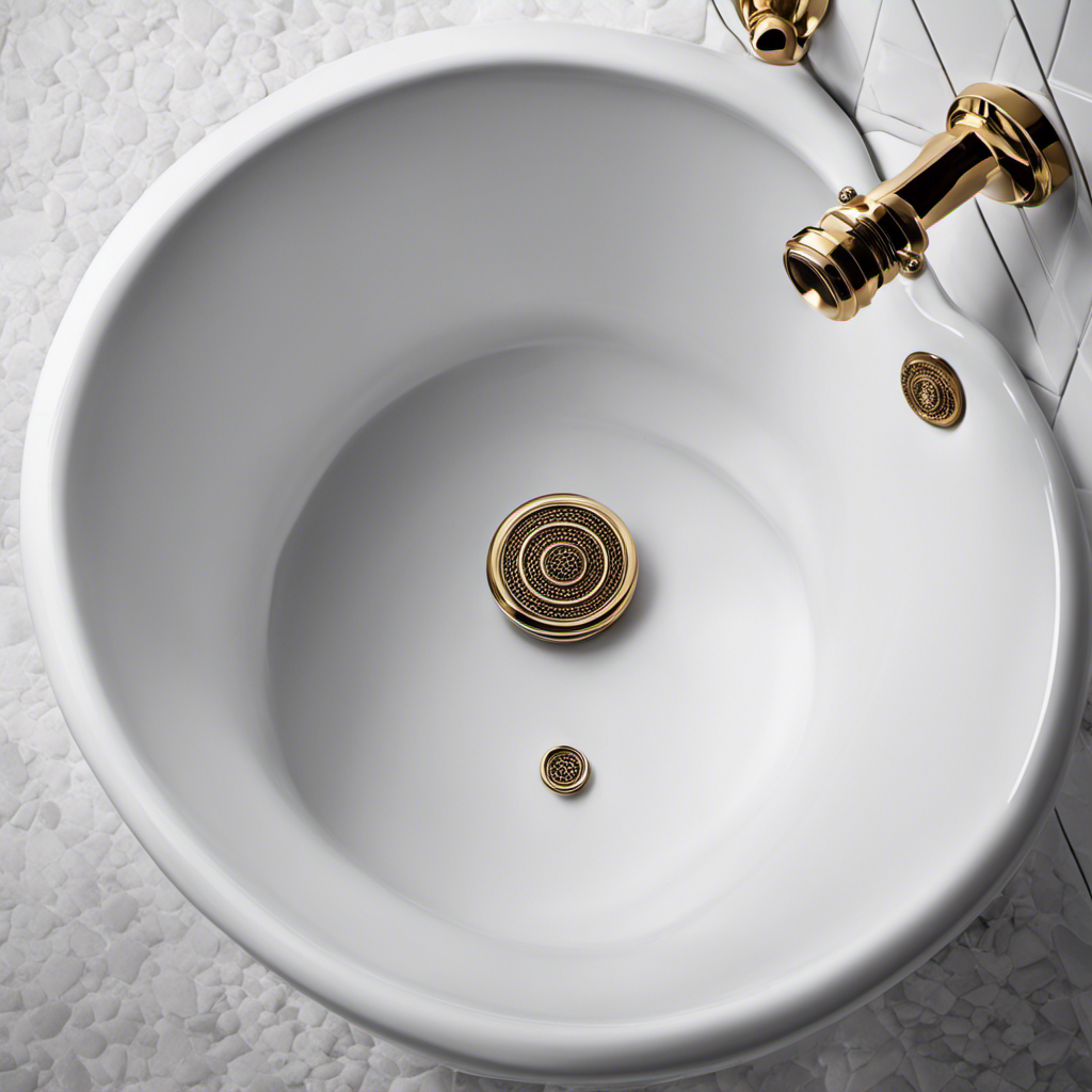 An image depicting a close-up of a rubber stopper firmly placed in a pristine white bathtub drain, preventing any water from escaping