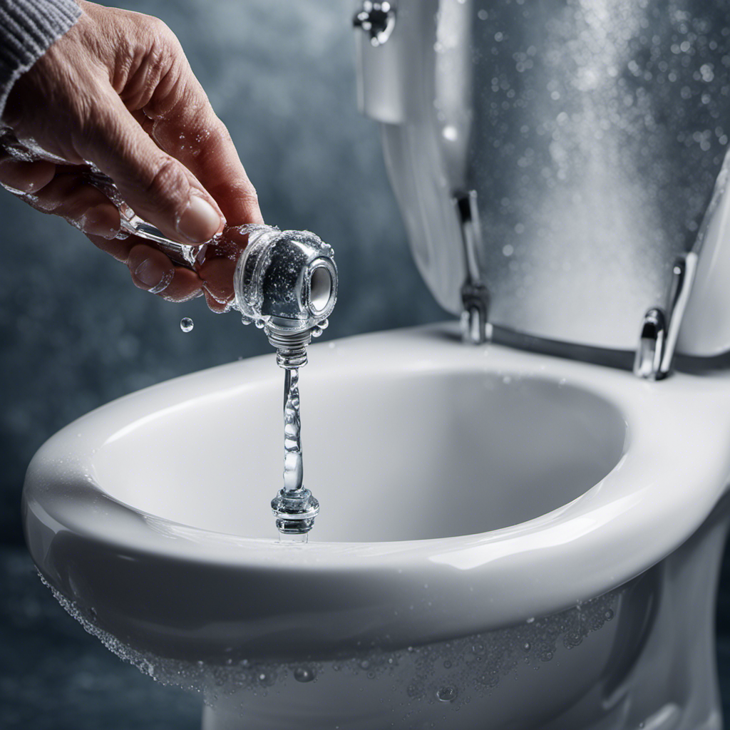 An image capturing a close-up of a plumber's hand adjusting the toilet tank's fill valve, while water droplets freeze mid-air