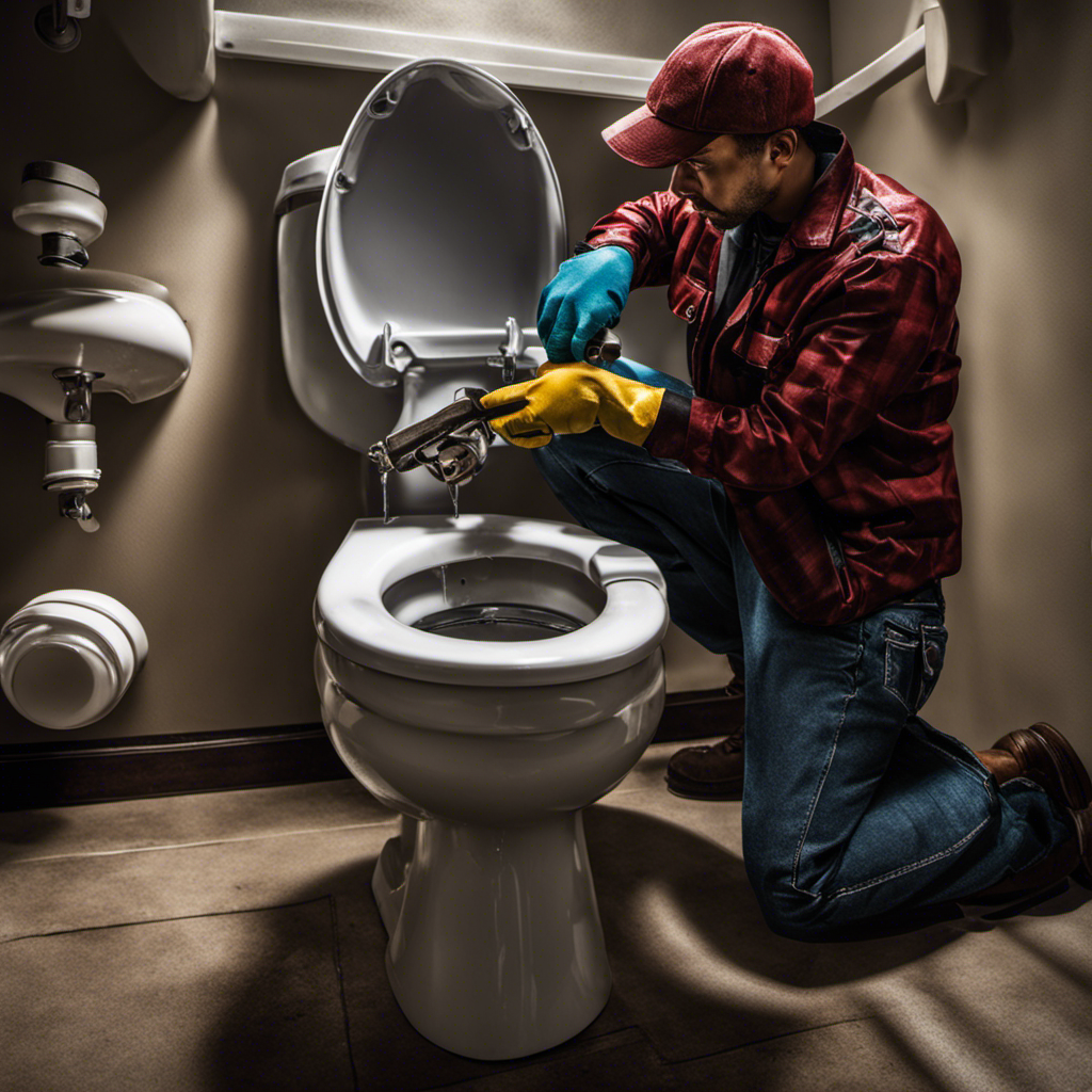 An image of a person wearing gloves and holding a wrench, kneeling in front of a toilet