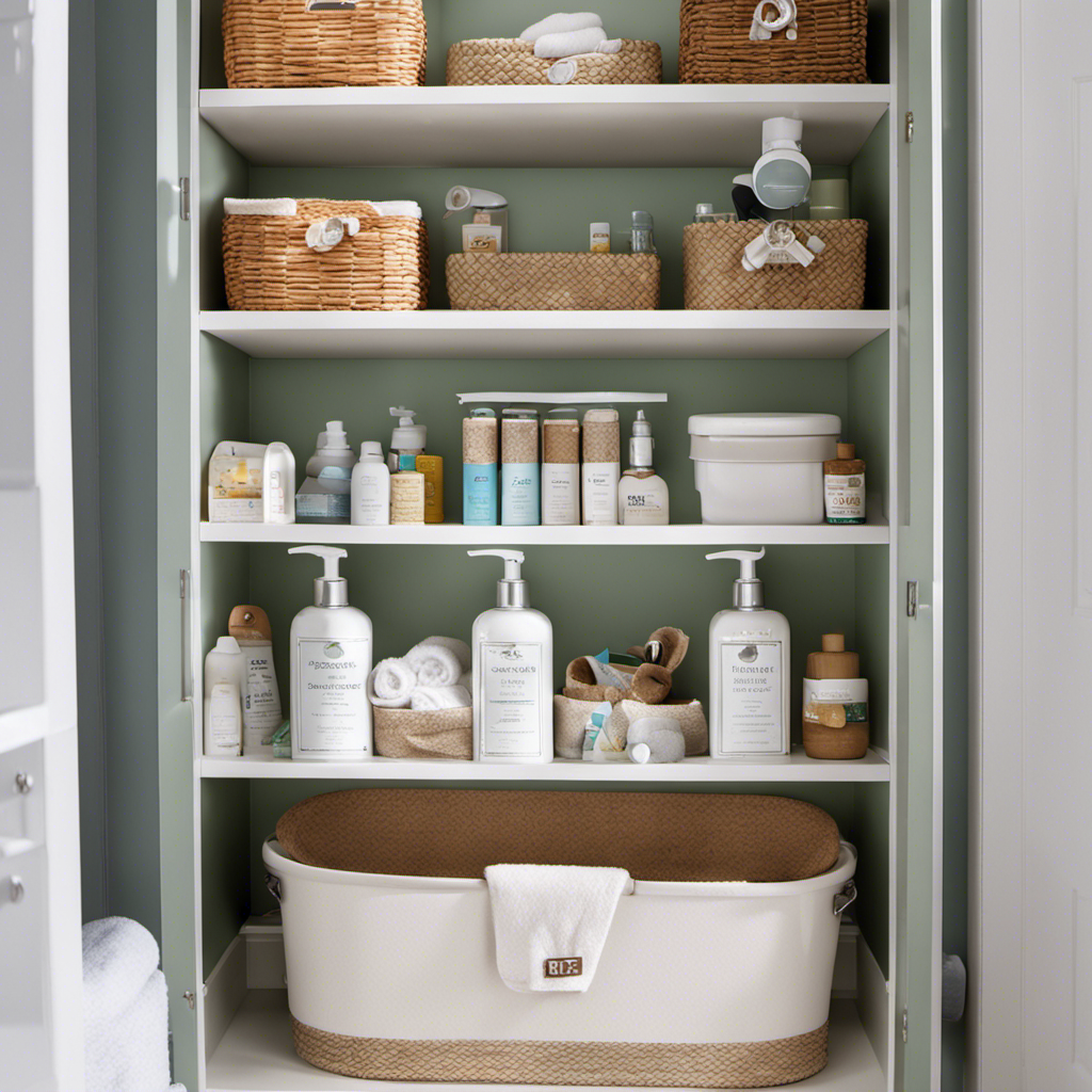 An image showcasing a neatly organized bathroom cabinet with a labeled storage bin dedicated to safely storing a baby bathtub