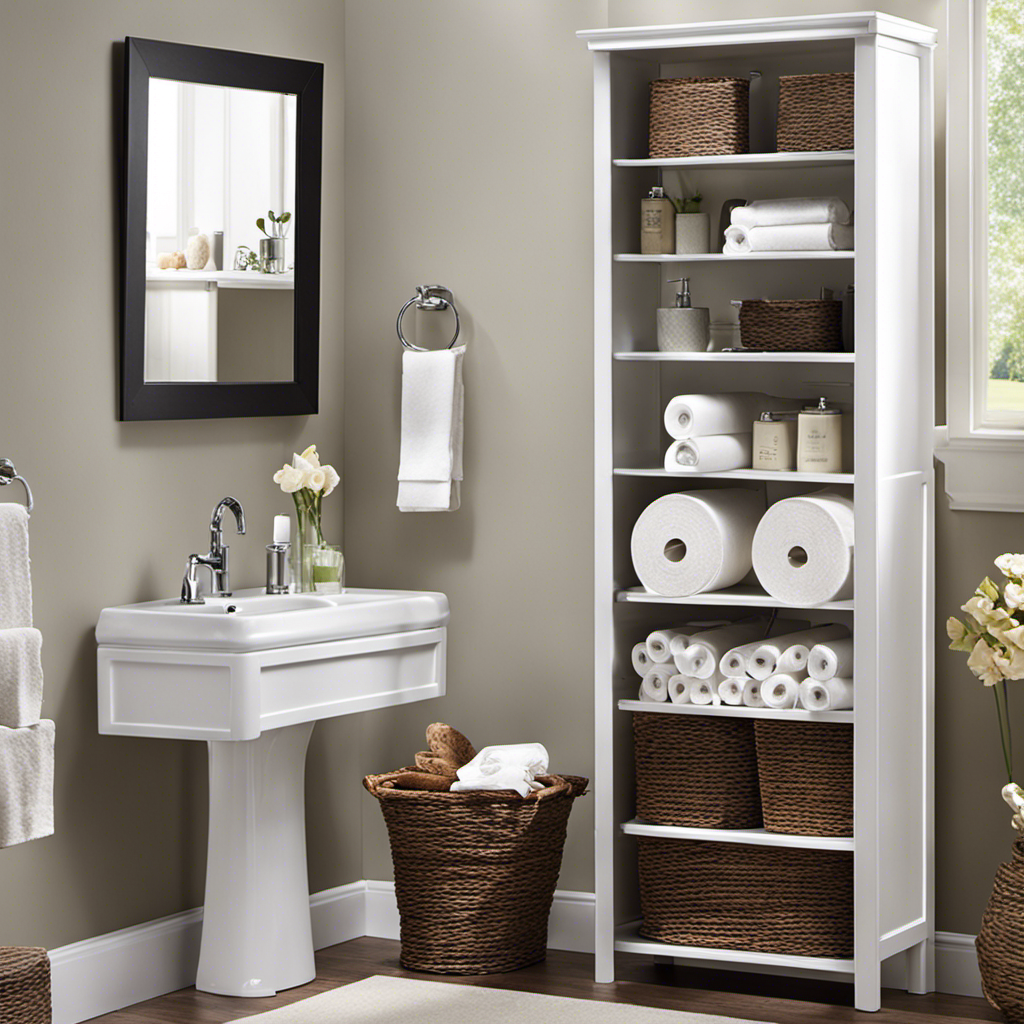 An image showcasing an organized bathroom storage system, with neatly stacked toilet paper rolls in a designated shelf or cabinet