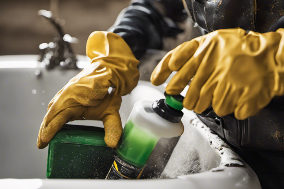 An image showing a person wearing protective gloves and goggles, holding a spray bottle of chemical stripper, while carefully removing layers of old paint and grime from a bathtub's surface using a scraper tool