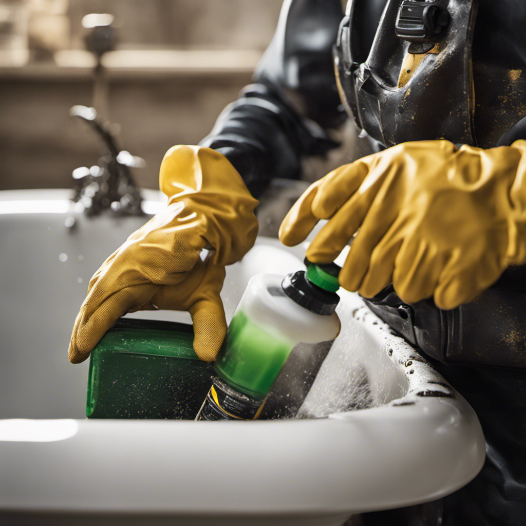 An image showing a person wearing protective gloves and goggles, holding a spray bottle of chemical stripper, while carefully removing layers of old paint and grime from a bathtub's surface using a scraper tool