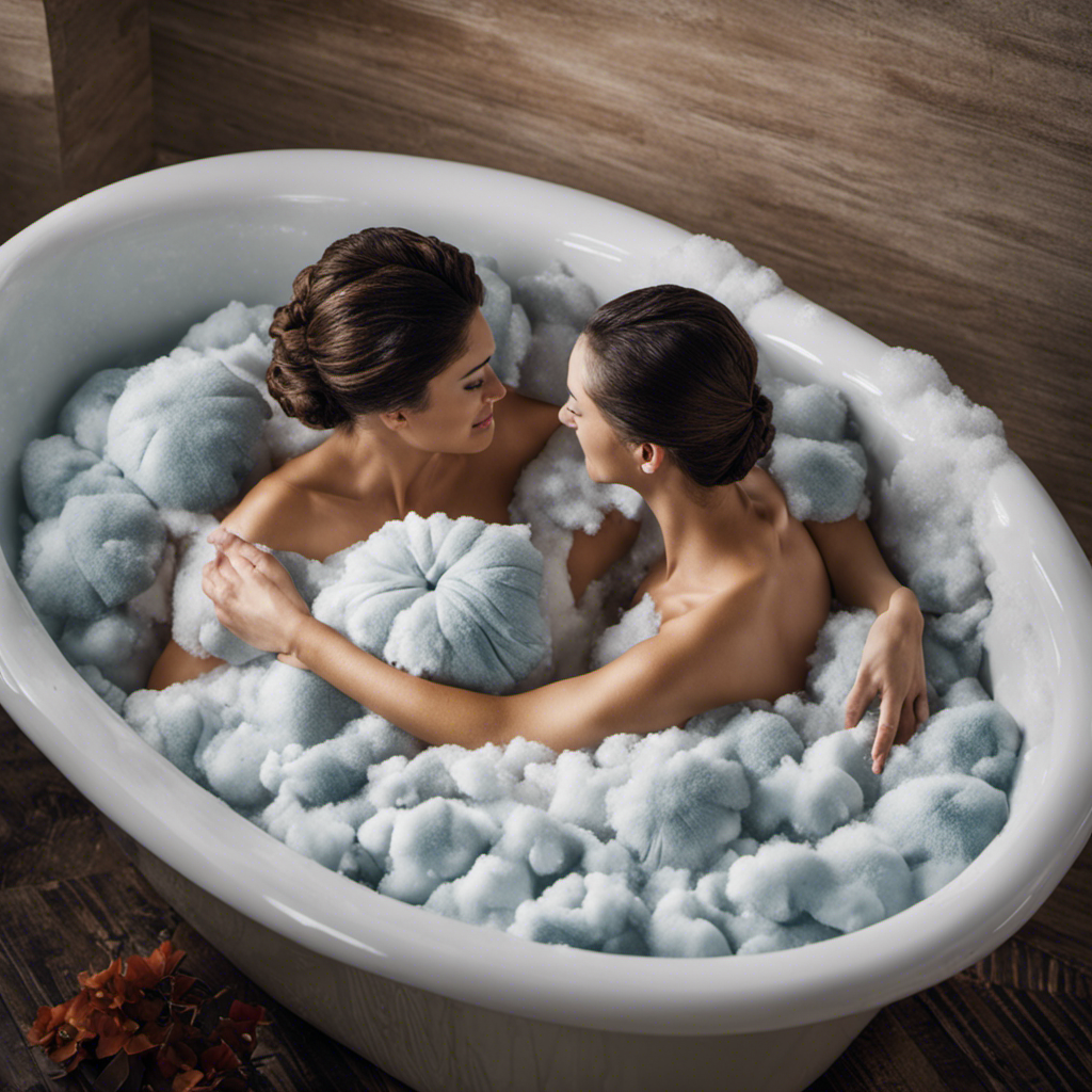 An image capturing the process of stripping pillows in a bathtub: A pair of hands submerged in soapy water, gently squeezing and rinsing fluffy pillows, while droplets cascade from the wet fabric