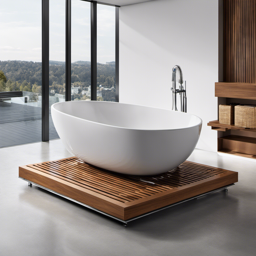 An image depicting a sturdy platform made of evenly spaced wooden slats, covered with a thick rubber mat, supporting a glossy white fiberglass bathtub