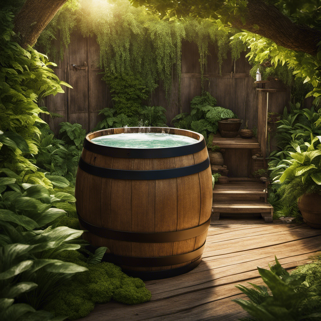 An image showcasing a serene outdoor scene with a wooden barrel filled with warm water, surrounded by lush greenery