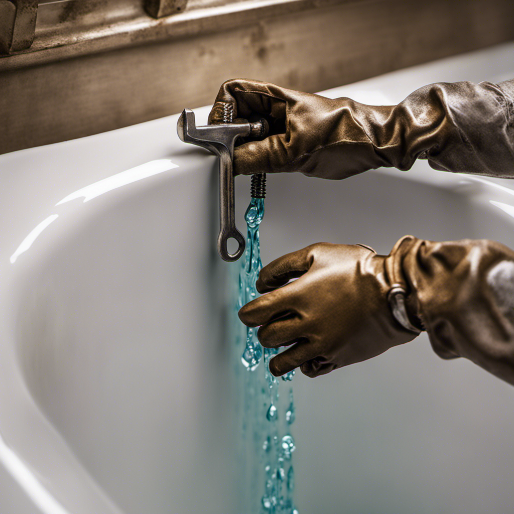 An image showcasing a pair of gloved hands gripping a wrench firmly around a corroded bathtub drain