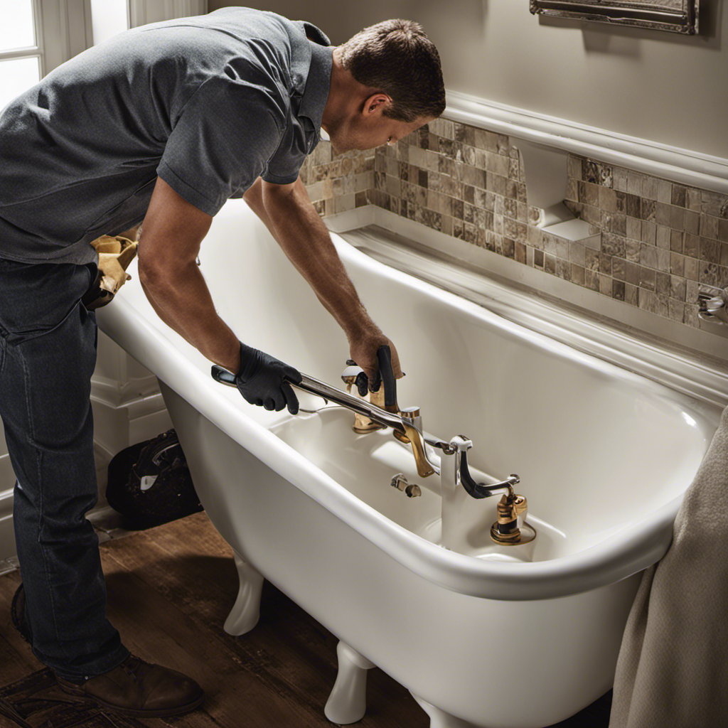 An image capturing the step-by-step process of removing a bathtub: a pair of gloved hands dismantling the faucet, followed by a wrench loosening the drain, and finally a crowbar lifting the tub, revealing the empty space beneath