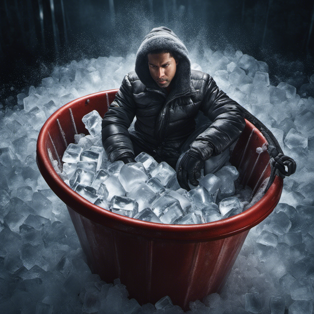 An image that captures a person sitting in a large metal tub filled with ice cubes, surrounded by bags of ice and shivering slightly