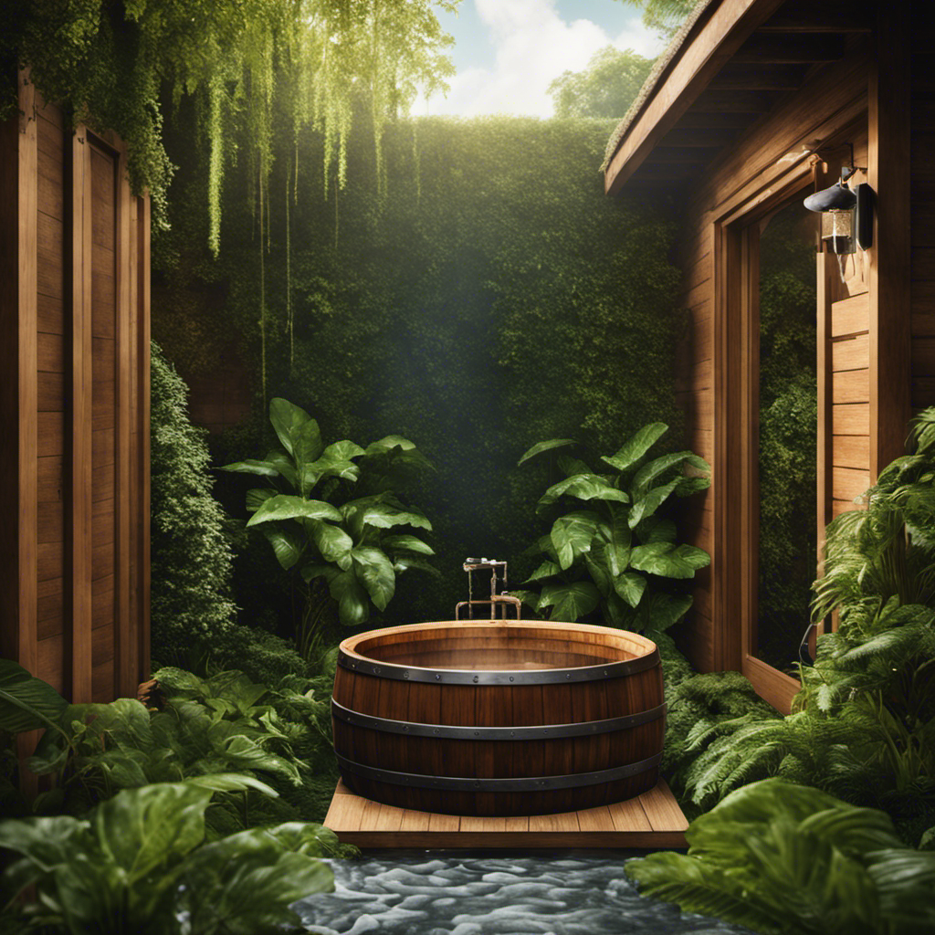 An image showcasing a serene outdoor setting, featuring a wooden barrel nestled amidst lush greenery