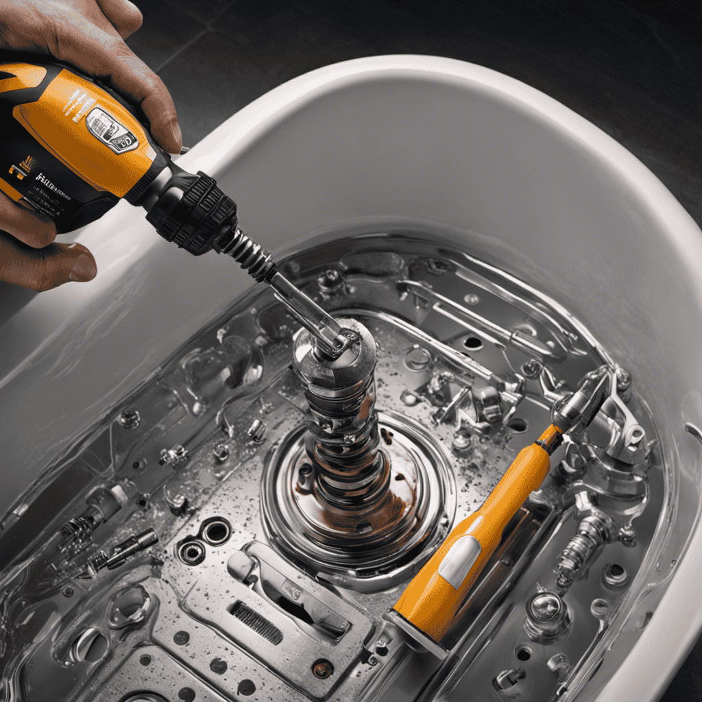 An image showcasing a person using a screwdriver to remove the drain cover of a bathtub, revealing the intricate mechanism underneath