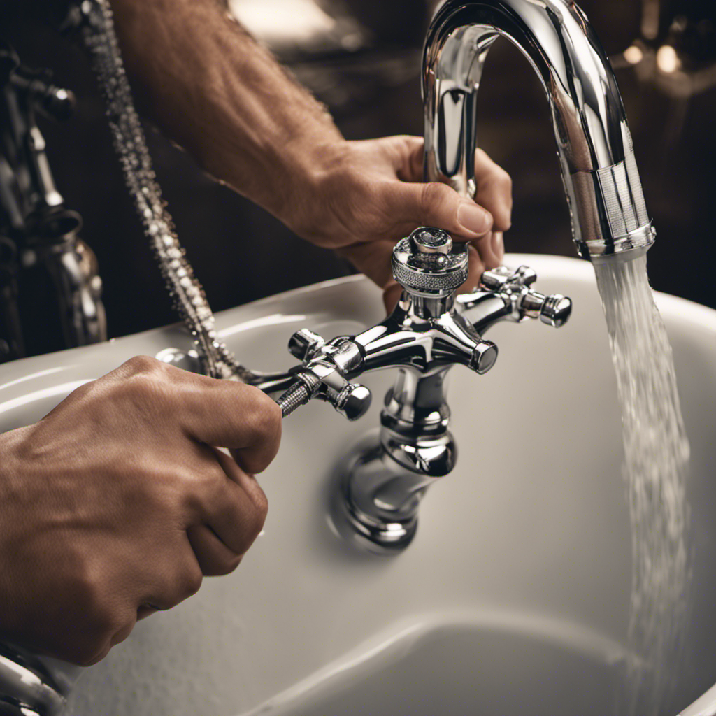 An image showcasing a close-up view of a person's hands using a wrench to carefully loosen the screws of a bathtub faucet, surrounded by water droplets and reflecting light off the shiny metal