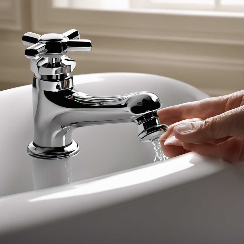 An image showcasing a close-up of a bathtub drain, with a pair of hands gripping the stopper's knob