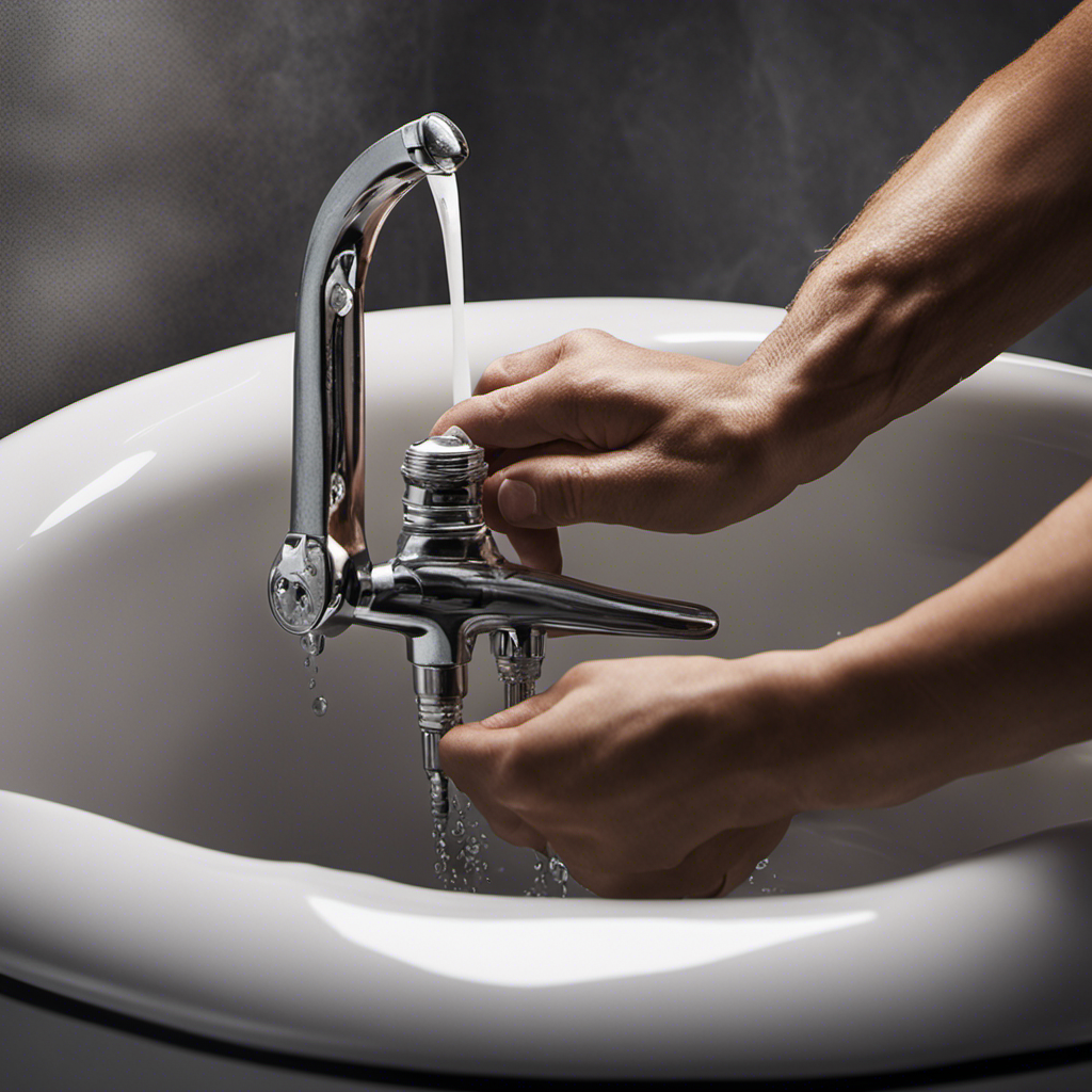 An image showcasing a close-up of a pair of hands using pliers to grip and unscrew a bathtub drain