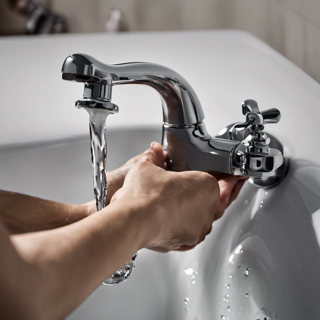 An image featuring a close-up of a person's hand gripping a wrench, turning it counterclockwise to loosen the bathtub faucet