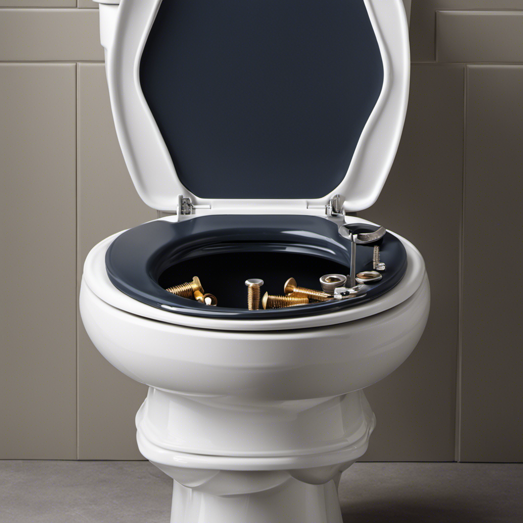 An image capturing the step-by-step process of removing a toilet seat, showcasing the use of a screwdriver or wrench to unscrew the nuts, highlighting the hinge mechanism, and the careful detachment of the seat from the toilet bowl