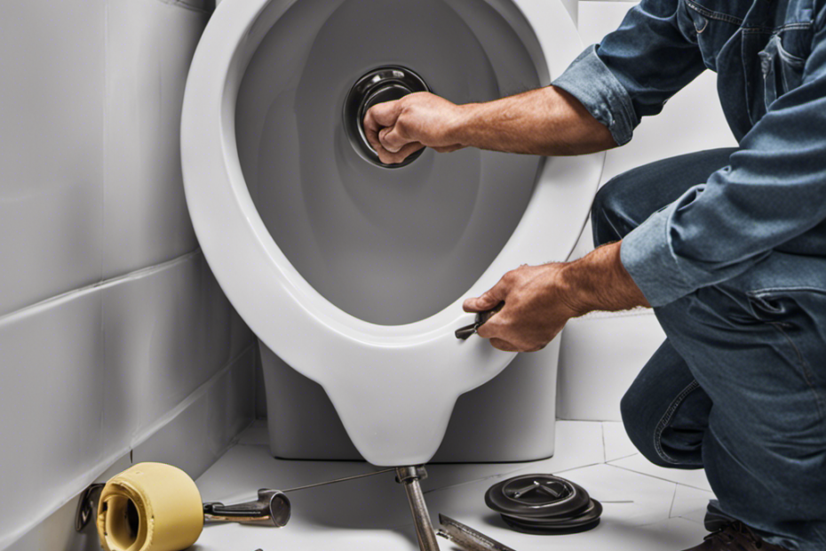 An image showcasing a step-by-step guide on removing a toilet: hands gripping a wrench, twisting it counterclockwise to loosen bolts, lifting the toilet bowl upward, revealing a clean, bare floor underneath