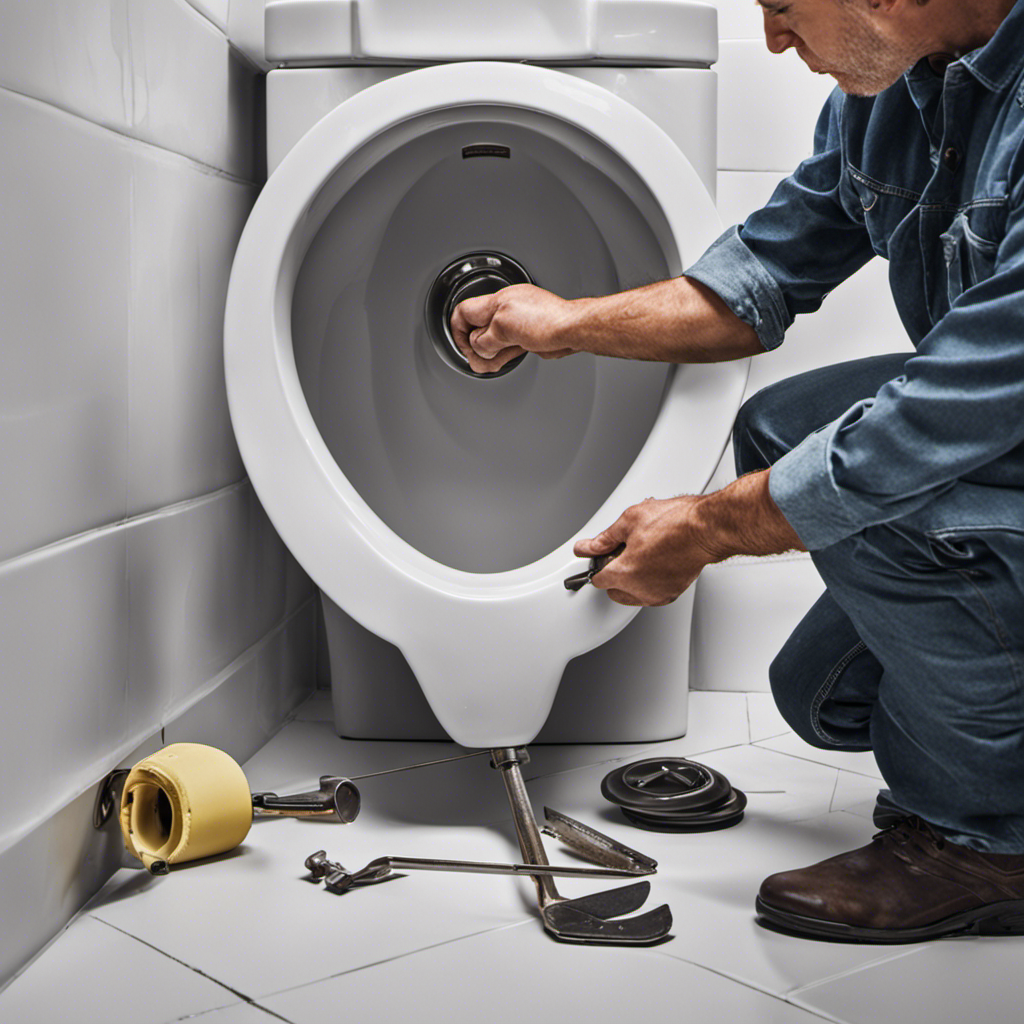 An image showcasing a step-by-step guide on removing a toilet: hands gripping a wrench, twisting it counterclockwise to loosen bolts, lifting the toilet bowl upward, revealing a clean, bare floor underneath