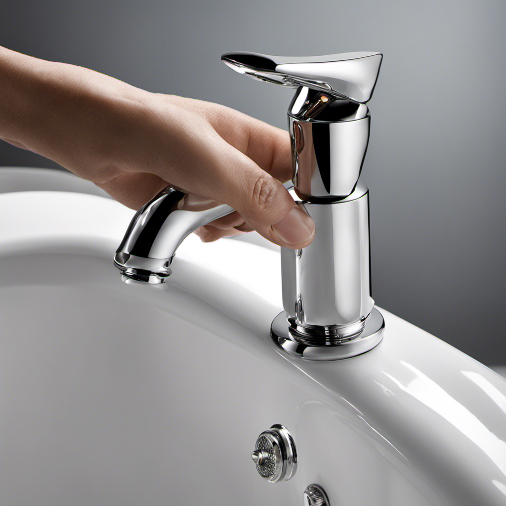 An image showcasing a person's hand gripping the base of a bathtub faucet handle, fingers positioned to turn counterclockwise