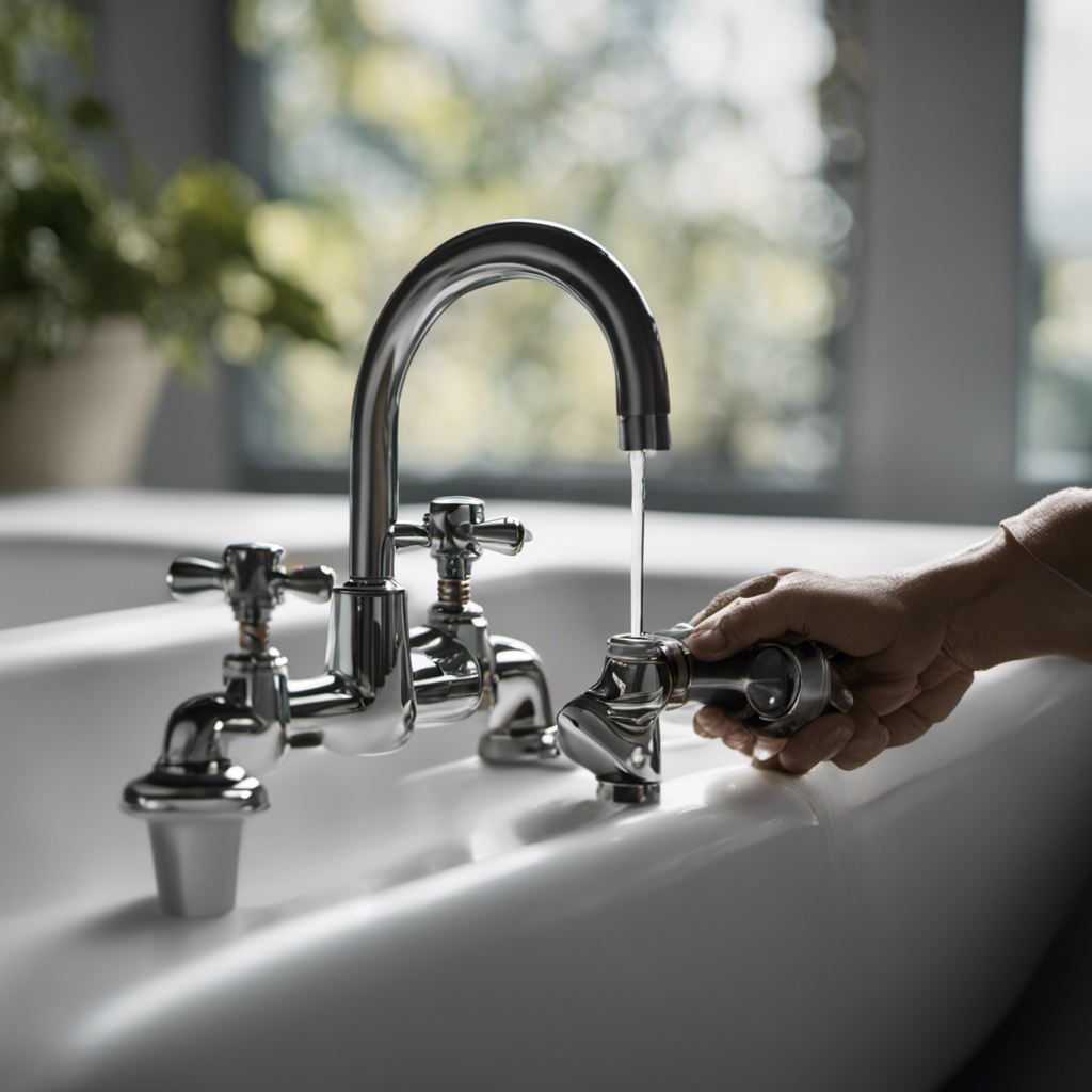 An image of a person wearing protective gloves and using a wrench to detach a bathtub faucet