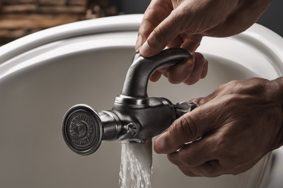 An image featuring a close-up view of a hand gripping a wrench firmly around the base of a bathtub spout