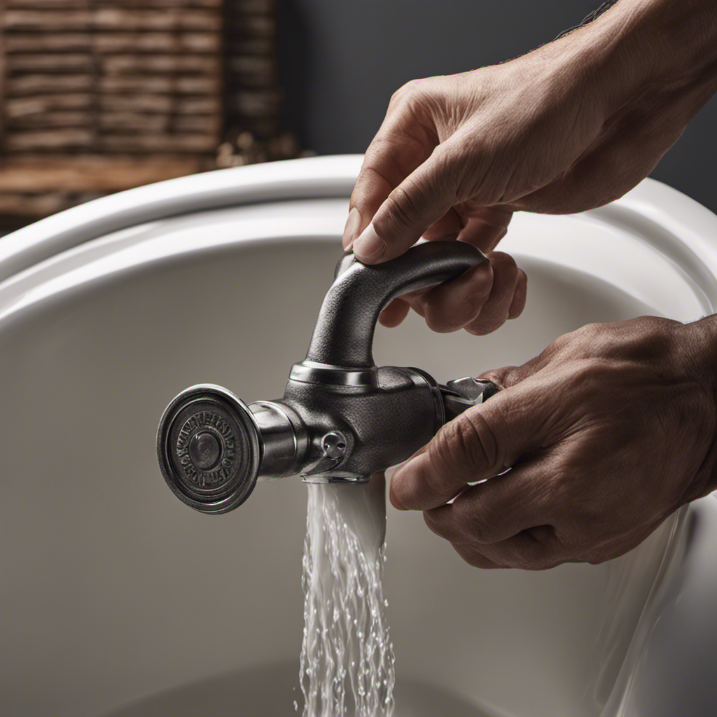 An image featuring a close-up view of a hand gripping a wrench firmly around the base of a bathtub spout