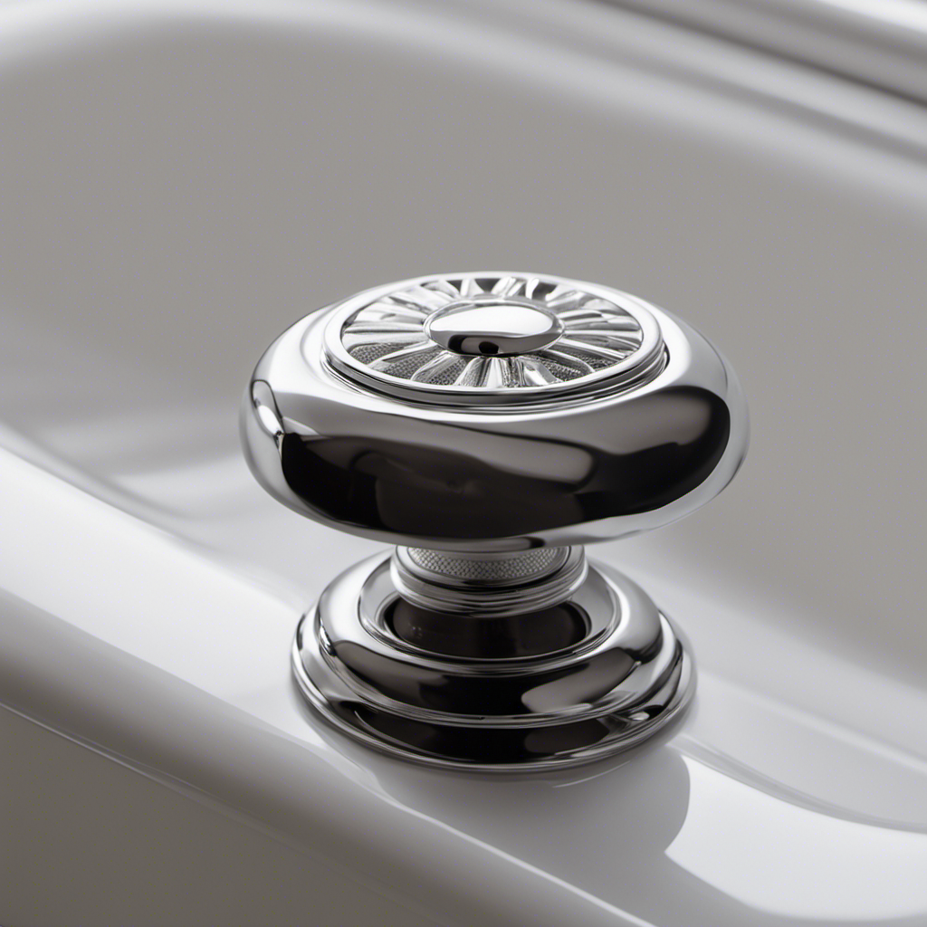 An image depicting a close-up view of a hand gripping a bathtub stopper, with fingers firmly grasping the metal knob