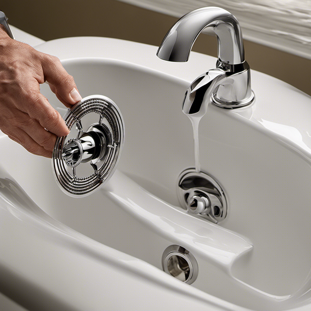 An image capturing the step-by-step process of removing a bathtub drain: hands gripping a drain removal tool, twisting counterclockwise, as the tool engages with the drain flange, gradually loosening it from the tub