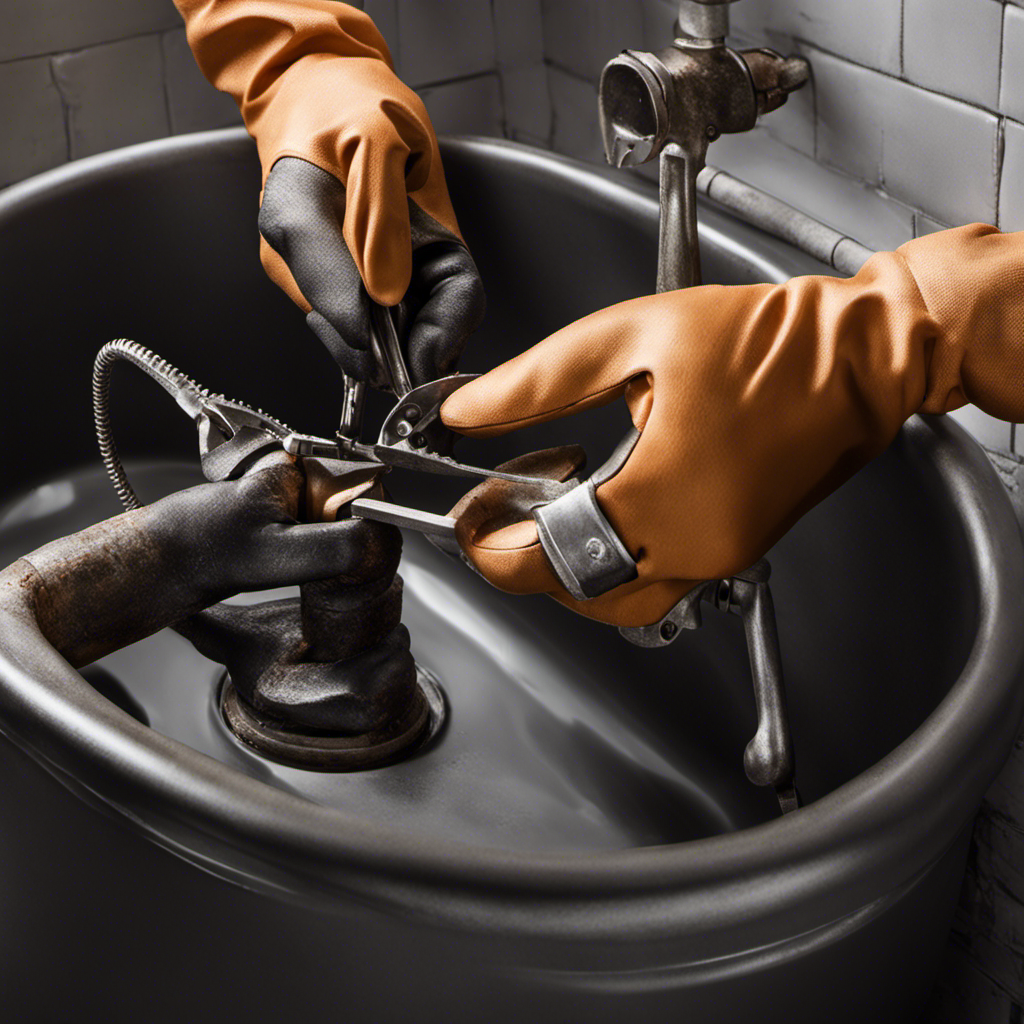 An image showcasing a pair of gloved hands, gripping a sturdy pliers, firmly grasping the corroded drain plug in a bathtub