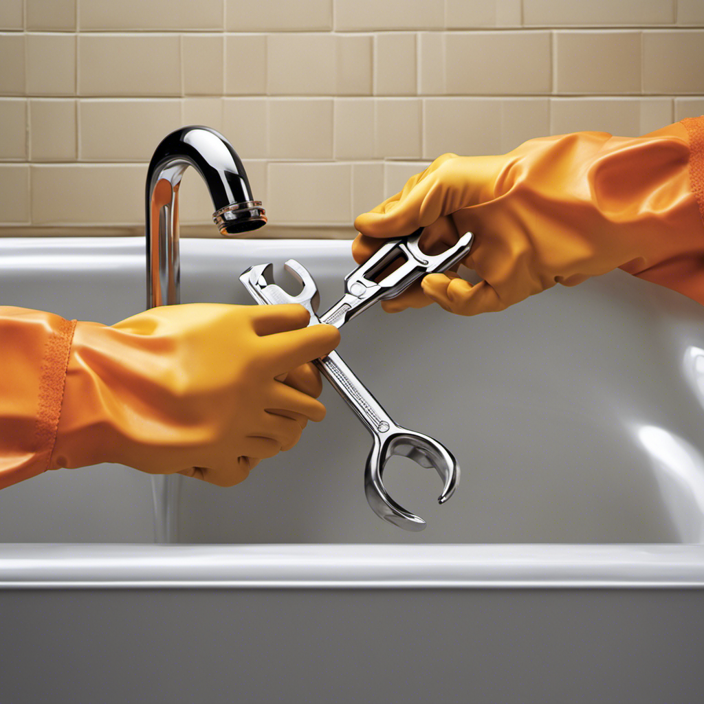 An image depicting a pair of hands wearing rubber gloves and holding a sturdy wrench, positioned beneath a bathtub