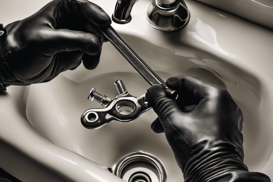 An image showcasing a pair of gloved hands holding a wrench, positioned above a dismantled bathtub drain
