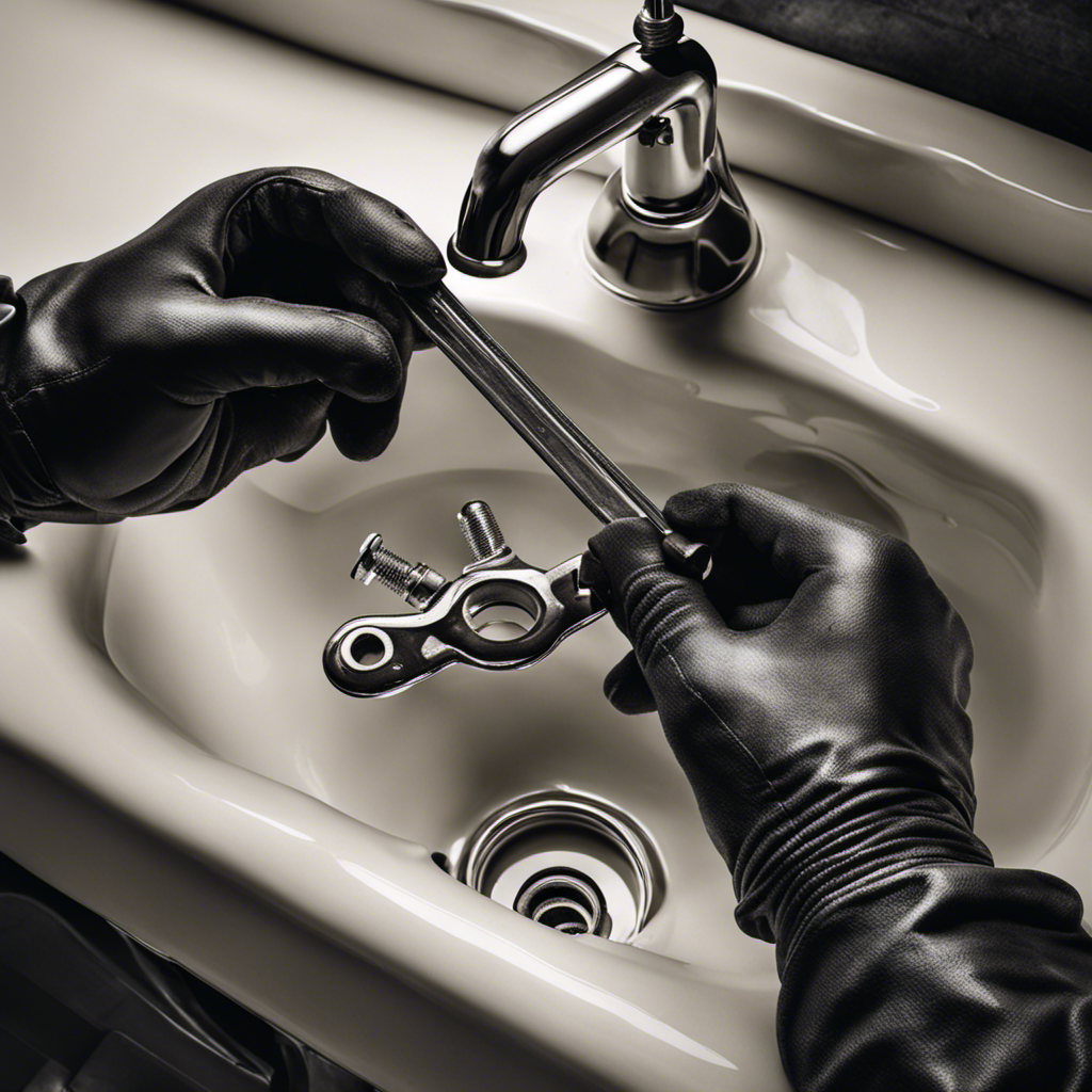 An image showcasing a pair of gloved hands holding a wrench, positioned above a dismantled bathtub drain