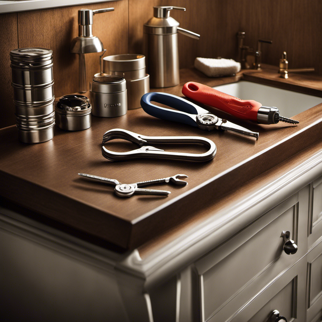 An image showcasing a pair of pliers, a screwdriver, a drain wrench, a bucket, and a flashlight neatly arranged on a bathroom countertop