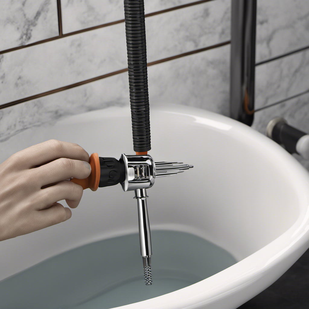 An image depicting a hand holding a screwdriver, positioned above a bathtub drain