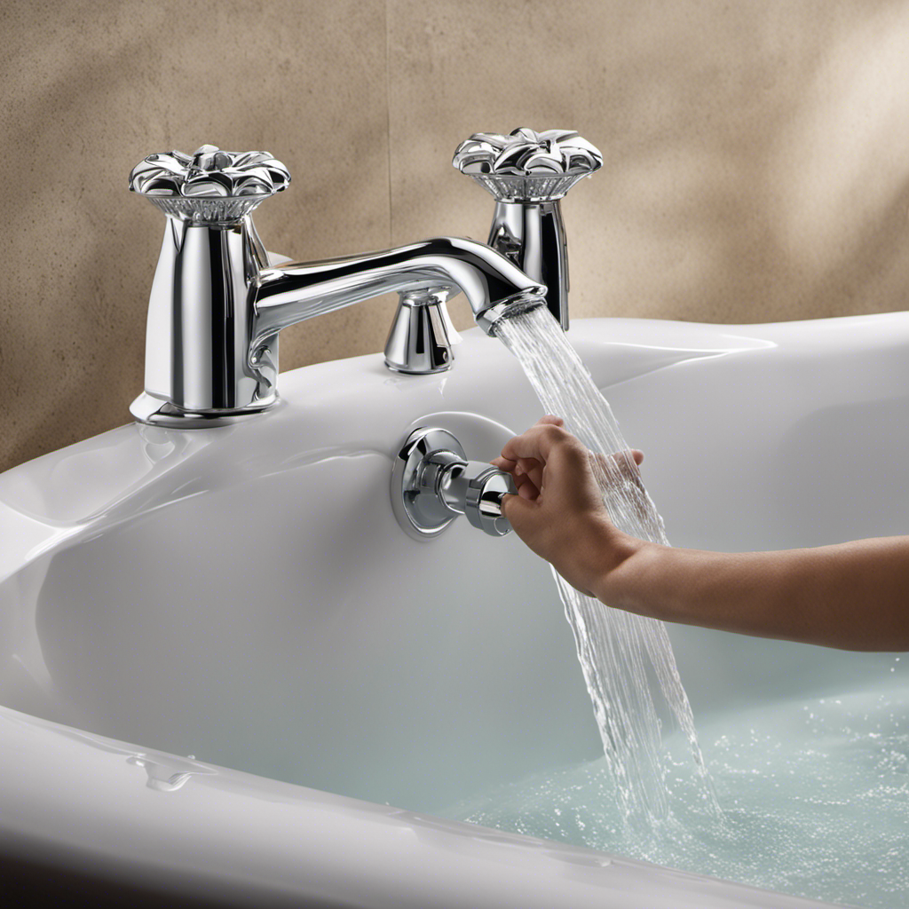 An image showcasing a pair of hands gripping the chrome bathtub plug firmly, while the other hand gently twists and lifts it upwards