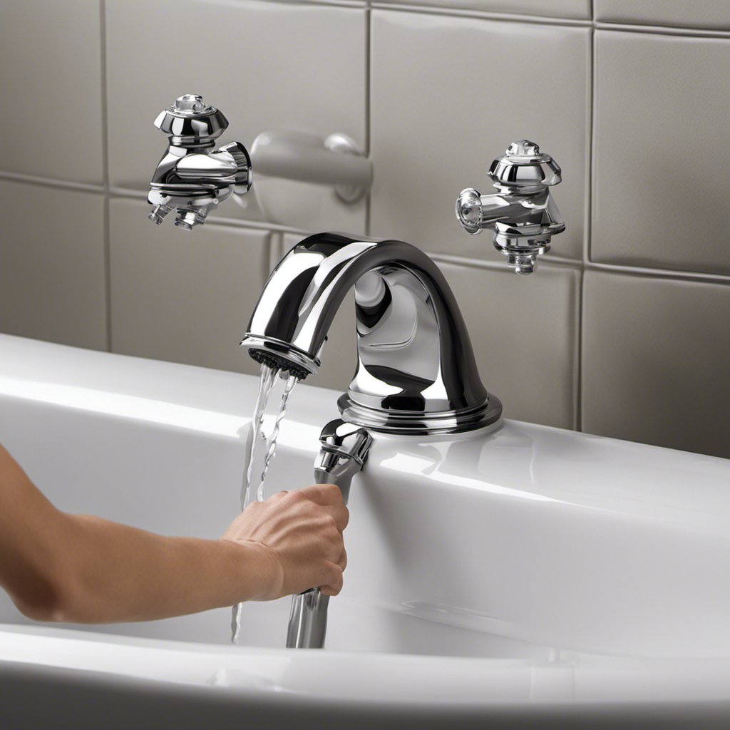 An image that showcases a close-up of a bathtub drain, with a pair of hands firmly grasping the stopper